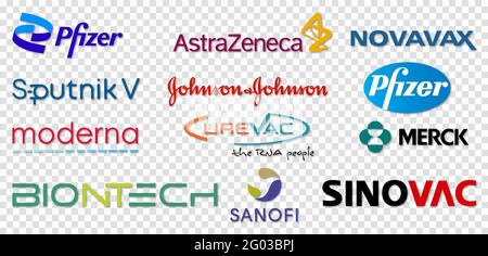 Vinnytsia, Ukraine - May 31, 2021: Pharmaceutical companies icons. Pfizer, AstraZeneca, Novavax, Sputnik, Johnson Johnson, Moderna and others. Editori Stock Vector