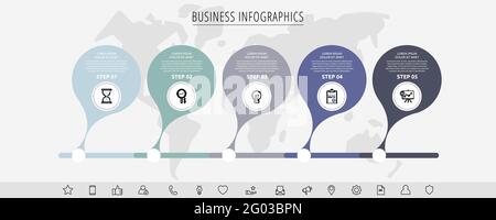 Vector five step infographics from circles with icons. Modern timeline concept for chart, levels, web, diagram, banner, presentations, business Stock Vector