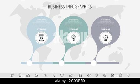 Vector three step infographics from circles with icons. Modern timeline concept for chart, levels, web, diagram, banner, presentations, business Stock Vector