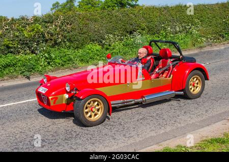 2004 red Caterham kit car 1796cc petrol, two seater at Capesthorne Hall, Cheshire, UK Stock Photo