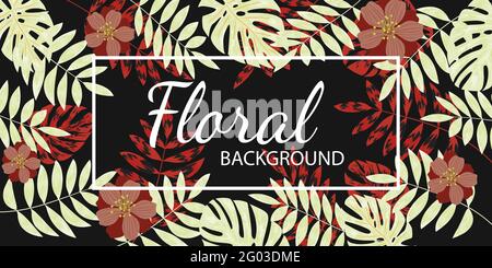 Trendy abstract banner with beige and burgundy tropical leaves and flowers on black background for decorative design. Vector pattern. Vector abstract Stock Vector