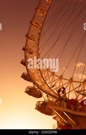 UK, England, London, The London Eye (Millennium Wheel) showing detail of Passenger Capsules at Sundown Stock Photo