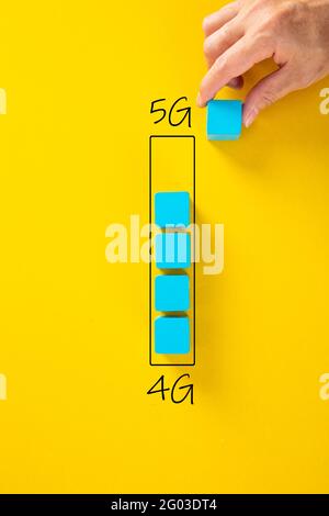 The concept of development from 4G to 5G. The path of upgrading. Stock Photo