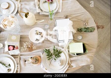 Easter table setting in light colors  Stock Photo