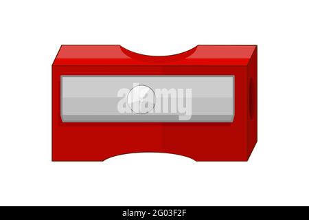 Pencil sharpener isolated on white background. Cartoon red sharpener icon. Plastic sharpener with for school and office. Stock vector illustration Stock Vector