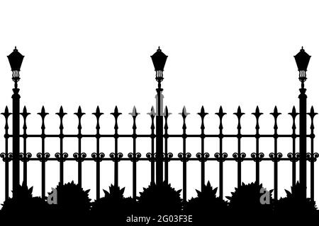 Silhouette of iron fence with street flashlights and plants. Decorative fence silhouette with artistic forging isolated on white background. Vecto Stock Vector