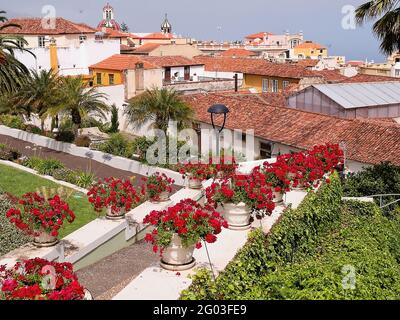 Magnificent view over the red tile roofs of La Orotava on the island of Tenerife View over the old houses and red tile roofs of the old town of 'La Or Stock Photo