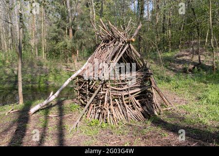Handmade hut made of branches in the forest near pond on sunset. Stock Photo