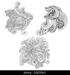 Set with psychedelic abstract waves elements coloring page, isolated on white. Stock Vector