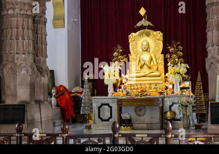 Varanasi, India - November 01, 2016: Golden statue of sitting Buddha in meditation and a monk working inside the Buddhist temple Mulagandhakuti vihara Stock Photo