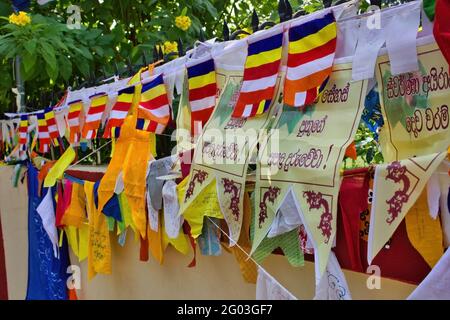 Colorful Prayer flag in Sarnath temple near Varanasi, India, Uttar pradesh, Asia Stock Photo