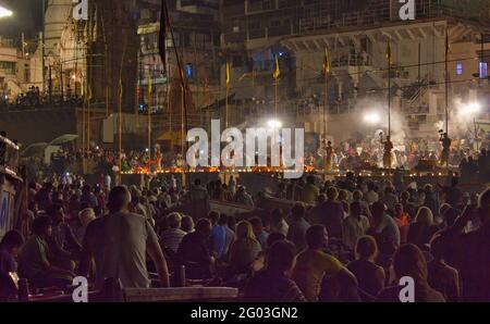 Varanasi, India - November 01,2016: Wide angle shot of Ganga aarti ceremony rituals performed by Hindu priests at Dashashwamedh Ghat in Varanasi Uttar Stock Photo