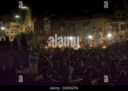 Varanasi, India - November 01,2016: Wide angle shot of Ganga aarti ceremony rituals performed by Hindu priests at Dashashwamedh Ghat in Varanasi Uttar Stock Photo