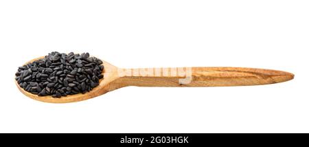 wooden spoon with raw black sesame seeds isolated on white background Stock Photo
