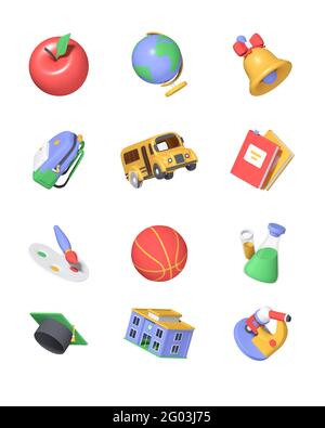 Back to school - colorful 3d icons set. Education concept. Schoolbag, globe, brush and paints, microscope, bus, books, bell, academic cap, flasks, app Stock Photo