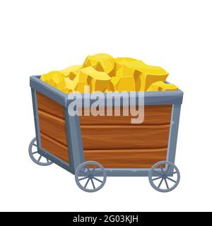 Wooden Mine cart, trolley with gold ore in cartoon style isolated on white background. Game asset,ui. Fortune concept. . Vector illustration Stock Vector