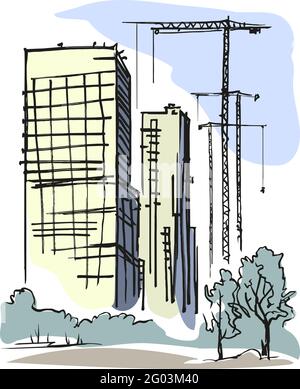 Cranes next to two buildings under construction. A sketch in muted colors. Stock Vector