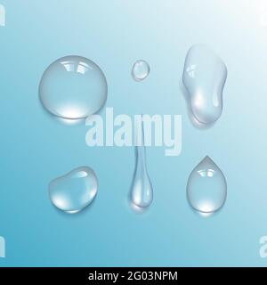 Set of Realistic 3d Water drops on Gradient Background. Vector illustration Stock Vector