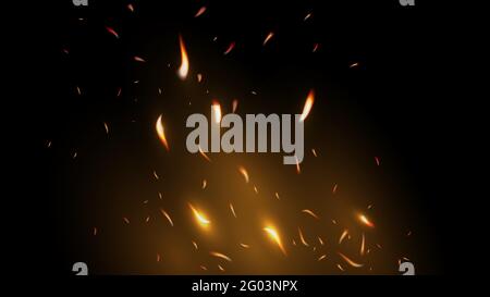 Burning sparks on dark background. Flying fire particles. Realistic Special Effect. Vector illustration Stock Vector