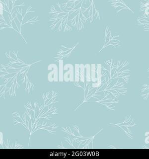 Seamless pattern with sprigs of dill. White twigs on blue background. Simple botanical vector illustration with nature elements. Printing on textiles Stock Vector