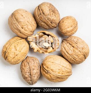 several shelled and whole walnuts close up on gray ceramic plate Stock Photo