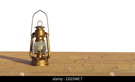 old gas lantern on wooden floor with empty space isolated on white background Stock Photo