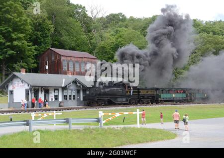 Cass Scenic Railroad steam locomotive arrives at the Cass Station Stock Photo