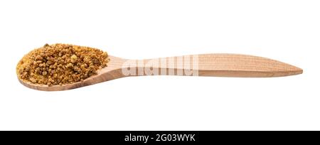 granulated coconut blossom sugar in wooden spoon isolated on white background Stock Photo