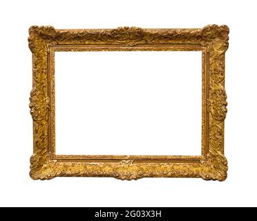 old wide baroque golden picture frame with cut out canvas isolated on white background Stock Photo