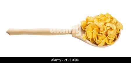 wooden spoon with sugar-free corn flakes isolated on white background Stock Photo
