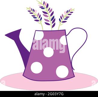 Lilac vase in the form of a watering can, with a pattern with white polka dots, with painted sprigs of lavender Stock Vector