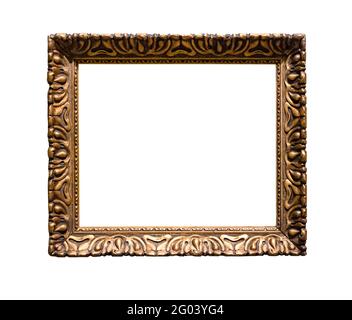 old decorated wide bronze picture frame with cut out canvas isolated on white background Stock Photo