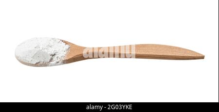 vanilla sugar (sugar powder with ground natural vanilla) in wooden spoon isolated on white background Stock Photo