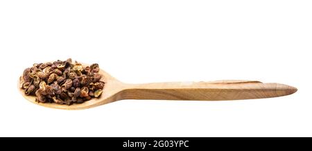 dried pink sichuan pepper in wooden spoon isolated on white backgrouns Stock Photo