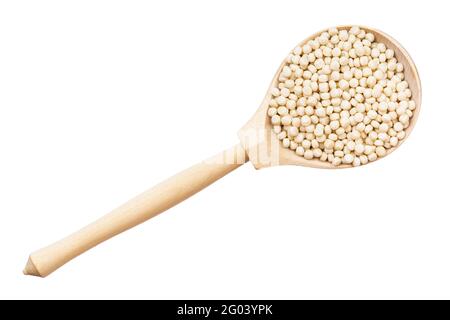 top view of israeli pearl couscous in wood spoon isolated on white background Stock Photo