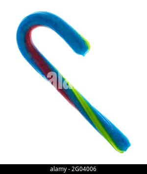 Candy cane with blue red and yellow stripes isolated on a white background. Stock Photo