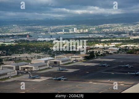 View of Hickam Air Force Base from a ship in Pearl Harbor; Oahu, Hawaii ...