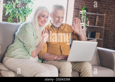 Portrait of attractive elderly cheerful couple sitting on sofa hugging making video call web cam at loft industrial interior home house indoor Stock Photo