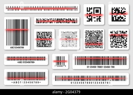 Product barcodes and QR codes with red scanning line. Identification tracking code. Serial number, product ID with digital information. Store Stock Vector