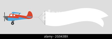 Plane with banner in the sky isolated on white background. Air vehicle with an empty ribbon for advertising. Simple design Stock Vector