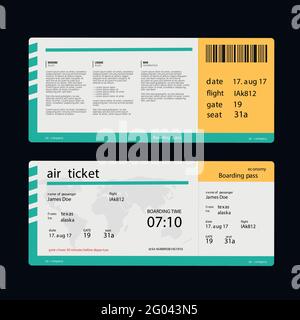 Airline boarding pass ticket isolated on black. Concept template for travel or journey. Stock Vector