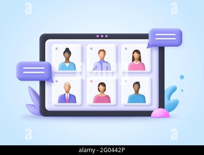 Online Meeting, Virtual Conference Video call, Briefing, Teamwork Concept. 3d realistic vector illustration. Stock Vector