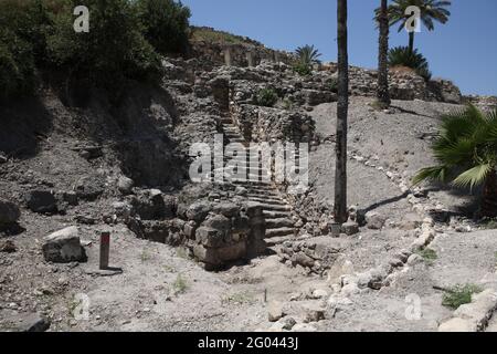 Tel Megiddo or Armageddon, Impressive staircase going down from the Israelite gate to a plastered pool or Reservoir, the source of water is not known Stock Photo