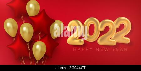 Gold metallic balloon numbers 2022 on red background. Vector Stock Vector