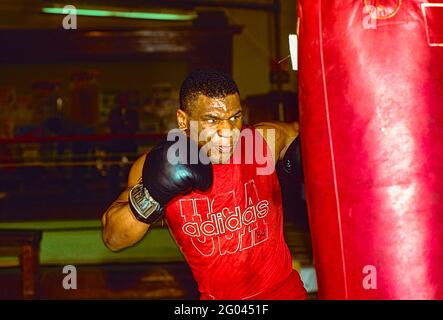 Mike Tyson training at Cus D'Amato's gym in Catskill, NY in 1986. Stock Photo