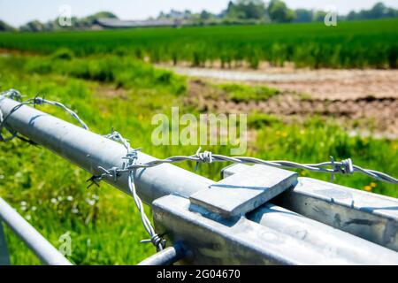 Barbed Wire on Gate near Field Stock Photo