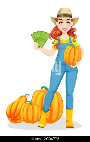 Beautiful woman farmer standing near harvest and rooster. Cute girl ...