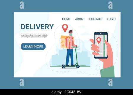 Contactless safe delivery service concept and application for tracking online orders, home delivery. Courier on an electric scooter, wearing a medical mask, gloves. Website template with flat vector. Stock Vector