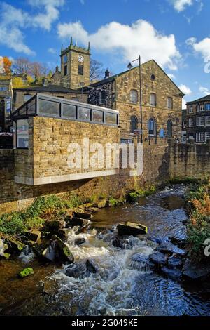 UK, West Yorkshire, Holmfirth, River Holme passing through town centre Stock Photo