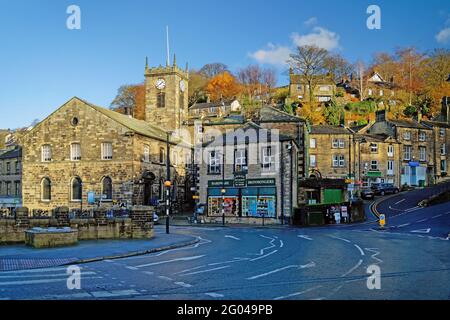 UK, West Yorkshire, Holmfirth Town Centre with Holy Trinity Church Stock Photo